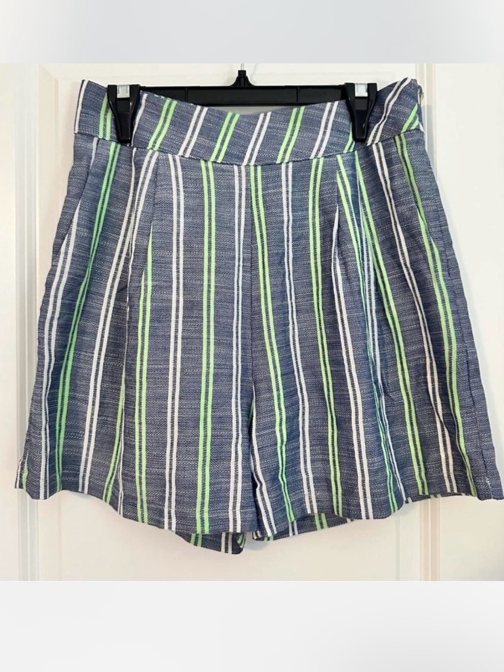 100% Linen Striped High Waist Shorts Navy Green White Size M Cream & Rouge